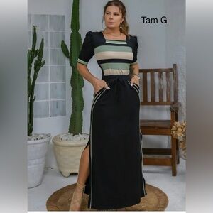 Chic Black and Beige Striped two-piece